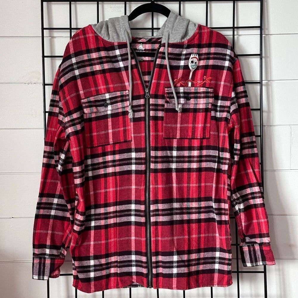 Disney Forky Plaid Flannel‎ Full Zip Hoodie Jacket Mens M Red Toy Story